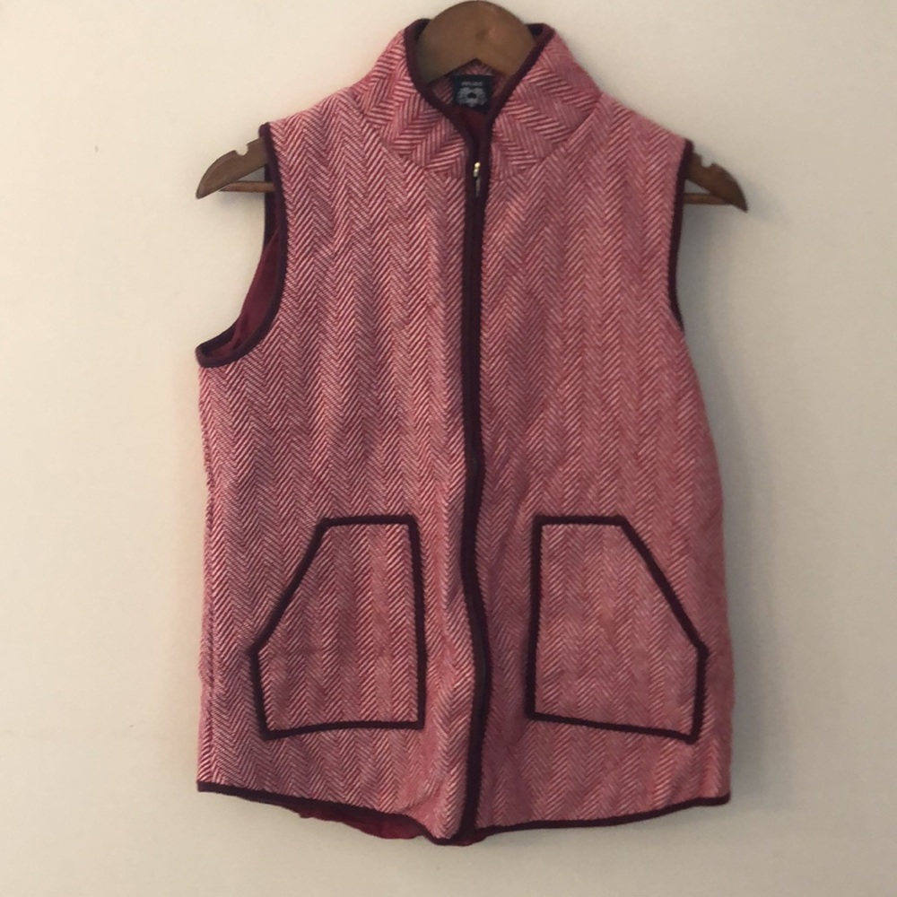 Katydid preppy vest red & white herringbone pattern front full zipper pockets M